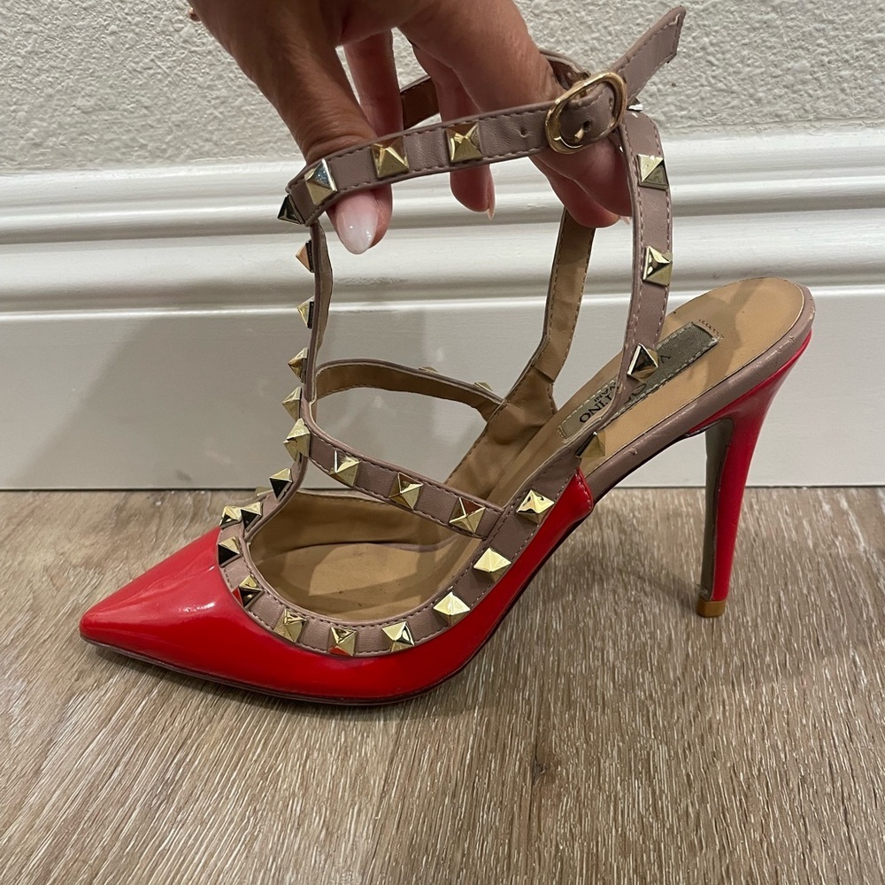 Valentino Garavani Red Patent and Nude Rockstud T-Strap Pumps - Picture 10 of 16